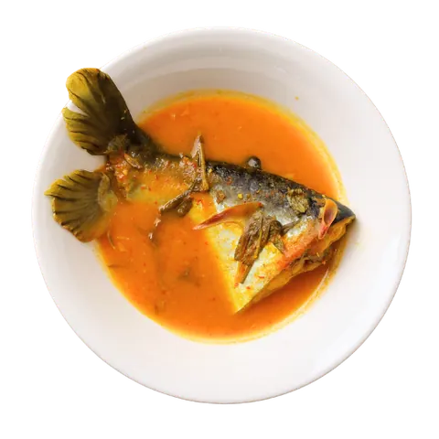 Ikan Patin Tempoyak dalam kuah jingga di atas pinggan putih